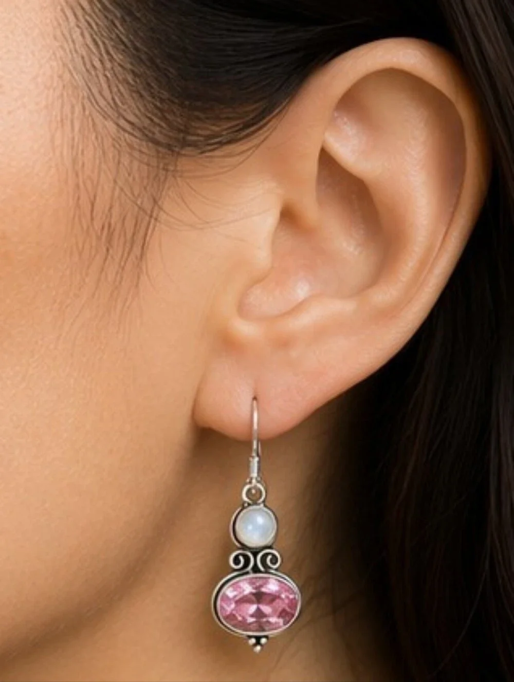 925 Sterling Silver Moonstone Pink Sapphire Earrings Natural Gemstone Dangle